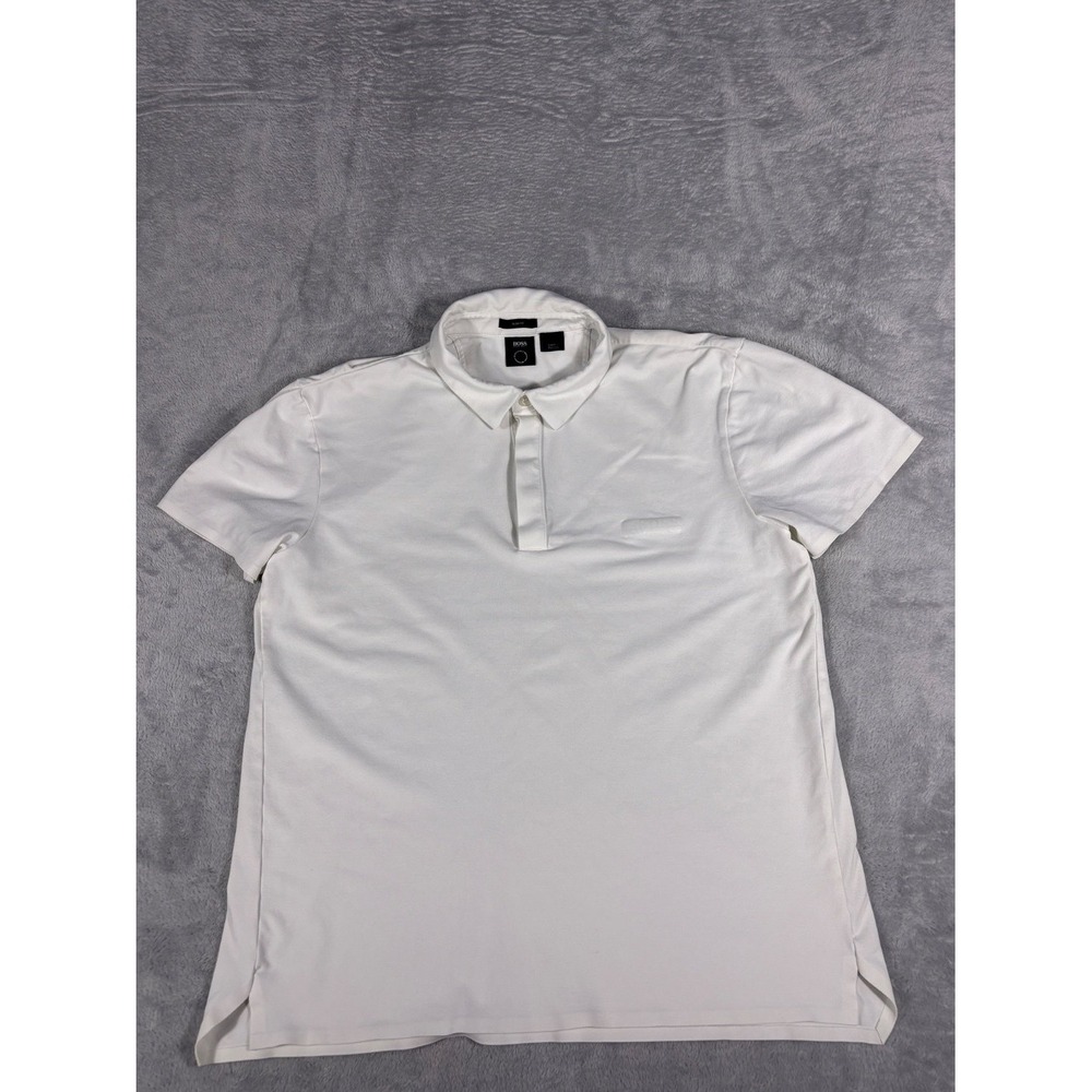 Boss Hugo Golf Polo Mens L White Short Sleeve Slim Fit Side Vents Tonal Logo